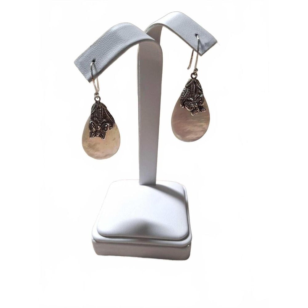 Mother of pearl drop dangle earrings in sterling silver artisan crafted